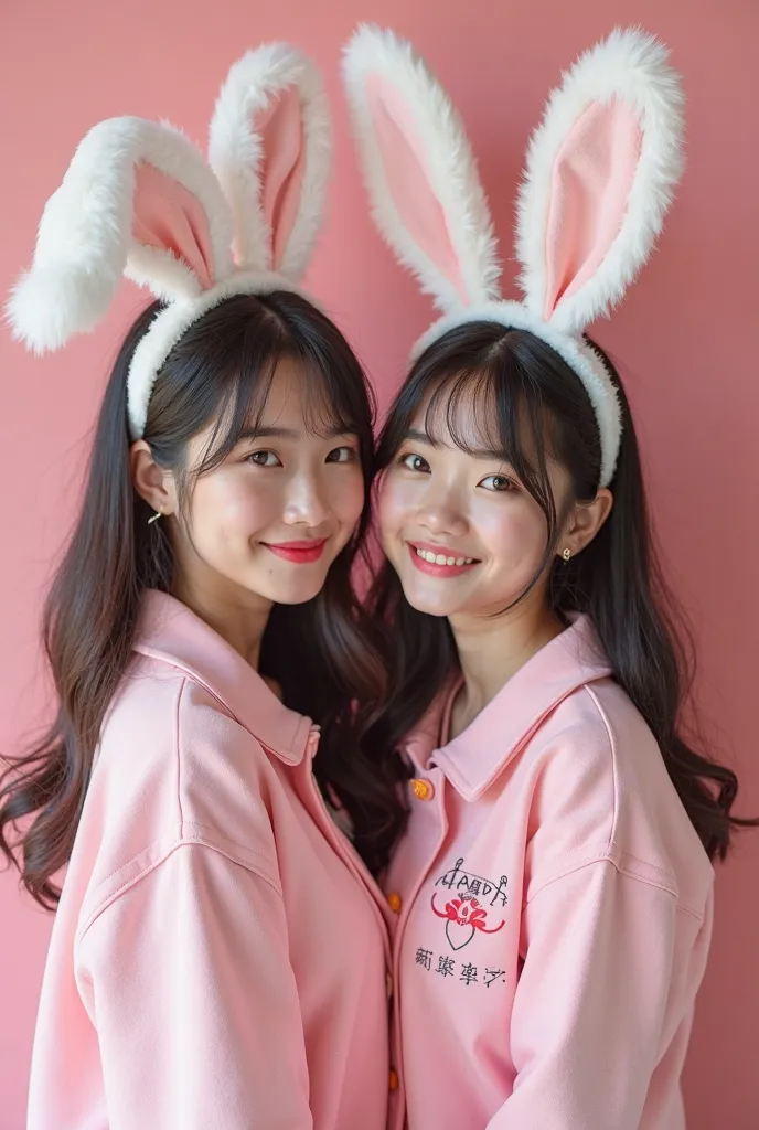 two asian women in bunny ears and bunny ears are posing for a picture, a colorized photo inspired by Wang Duo, trending on pixiv, tachisme, with bunny ears, with long floppy rabbit ears, with bunny rabbit ears, ultrarealistic sweet bunny girl, with big rab...