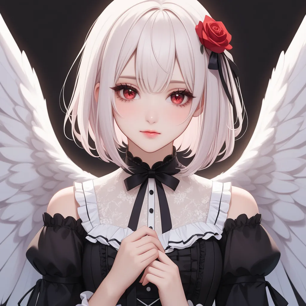 A young woman with short, bob-length white hair, styled in a center part with no bangs. She has striking red eyes and a shy, embarrassed expression, with a subtle M-like demeanor. Her outfit is delicate and cute, inspired by gothic or elegant lolita fashio...