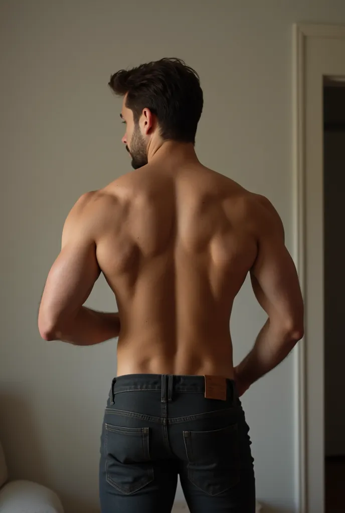 man posing with his back turned, casually showing her back, taking a picture with your cell phone, showing biceps, casual,  half-naked, muscular, sexy,  elegant,   attractive, hip wide back,  attractive pose, realistic, Human being. Don't let his face be s...