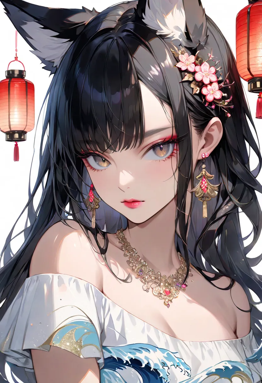  masterpiece, top quality, high resolution, (white background: 1.4), [     glitter], [depicts a woman with long black hair staring intently at the viewer, Portrait, art ], (long hair,  lantern, Wave Curl,      fluffy fox ears, ),  off-shoulder short sleeve...