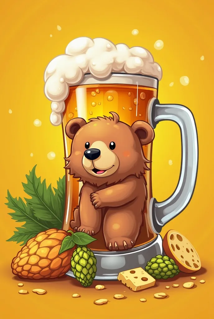 create a beer banner ad, in the center should be a large mug of beer,bear,yellow background,hop,beer,pigtail cheese,foam or bubbles,Write "Inebriated Bear" и Write акции 1+1, 2+1, 3+1,bright orange lettering, add instagram:@Hmelnoi_mishka_kokshetau