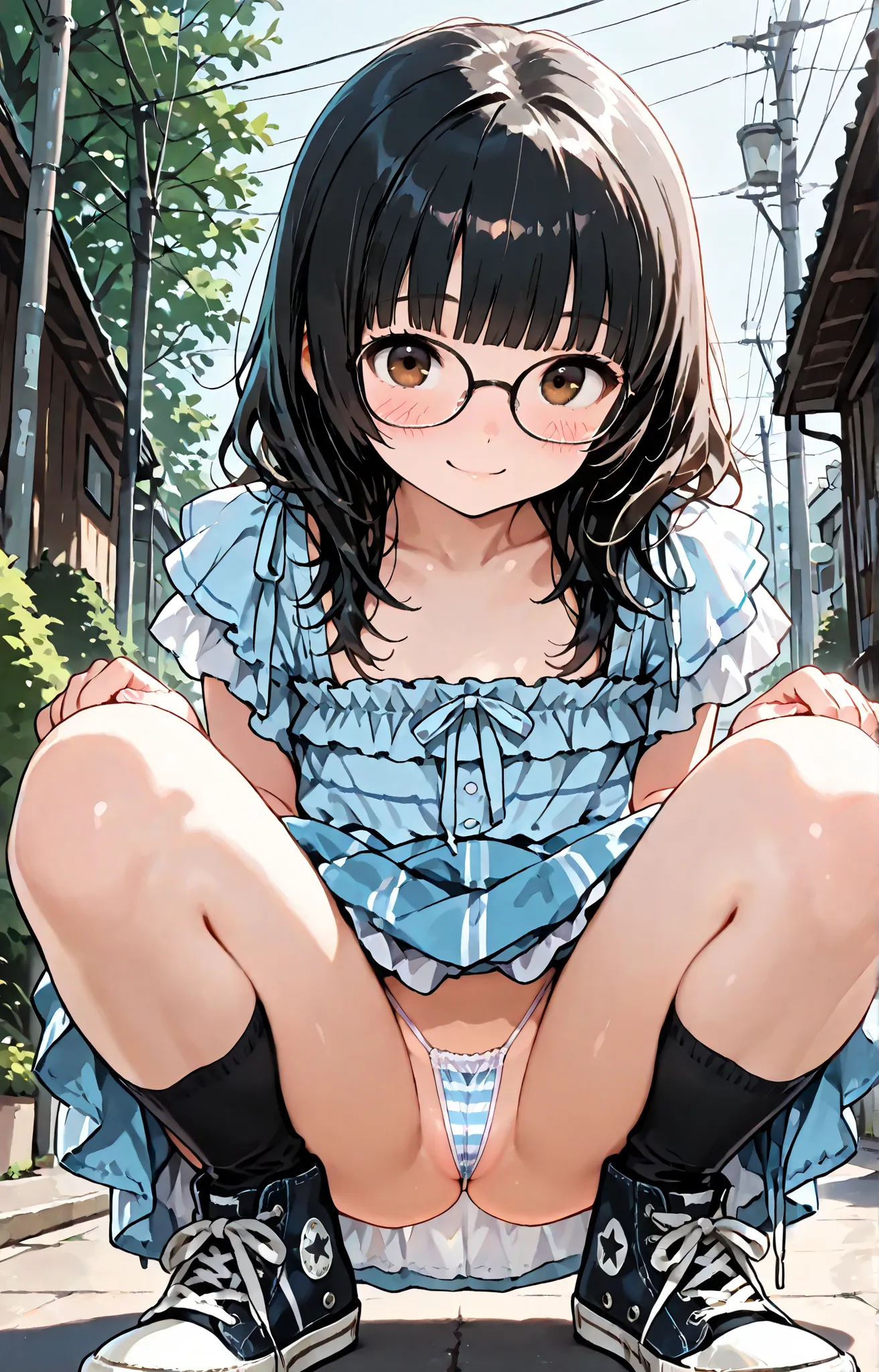 NSFW, flat chest, medium black hair, glasses, blunt bangs, brown eyes, frilled blouse, skirt, black socks, Converse, embarrassed, smile, (1 girl), crouching, light blue striped micro thong, focus on panties, masterpiece, best quality, high quality, detaile...