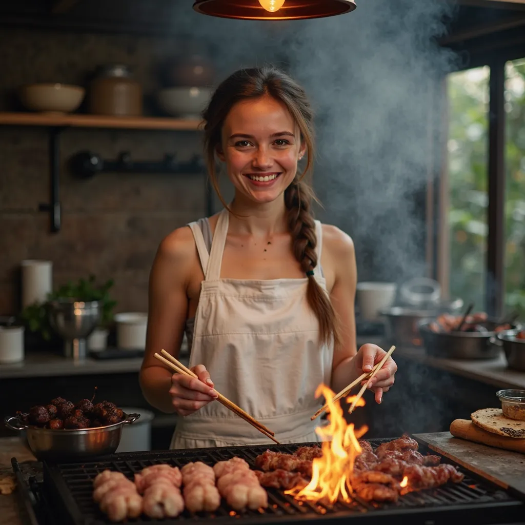 A photo-realistic shoot from a front camera angle about a young woman grilling meat on a barbecue in a dimly lit outdoor kitchen. the image also shows smoke and flames in the background. on the middle of the image, a 20-year-old woman with light skin, brow...