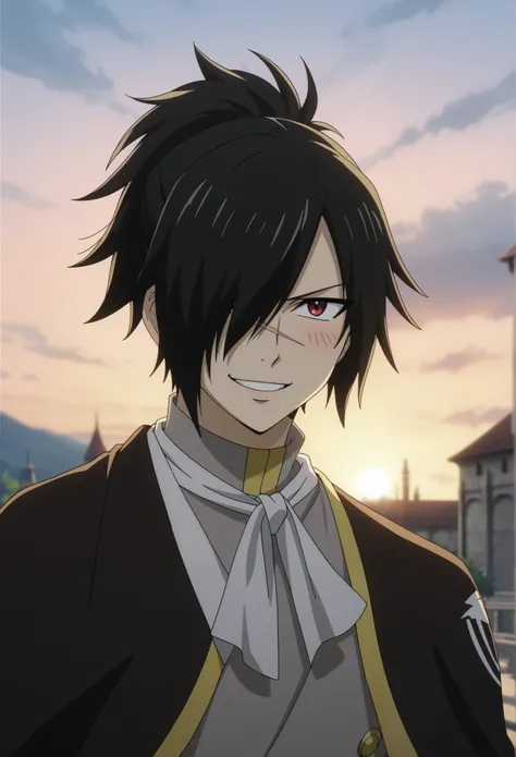 score_9, score_8_up, score_7_up, source_anime, rating_safe, rogue_cheney, black hair, red eyes, ponytail, hair over one eye, scar, tattoo, close-up, happy,, 1boy, male focus, anime screencap, best quality, official style, depth of field, looking at viewer,...
