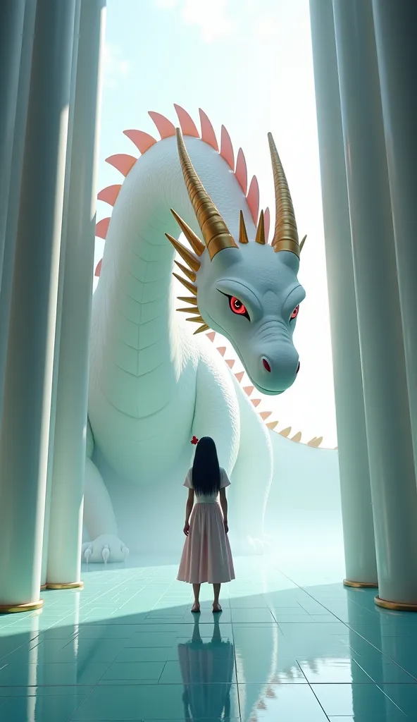 

Set a scene in a huge corridor with a glass floor.  In the center of the scene , a young woman with black hair and a small crimson ribbon is standing. Next to you, a colossal white dragon with two small golden lines and shades of pink is protecting the y...