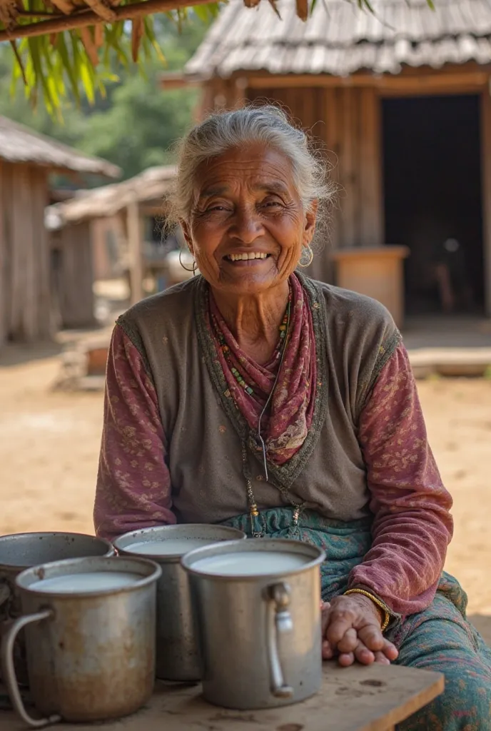 Prompt: "The grandmother sitting at a small market stall, selling milk to villagers in metal mugs. She smiles as she earns money. In the background, her simple home and a few utensils showing she runs her household from this income."
