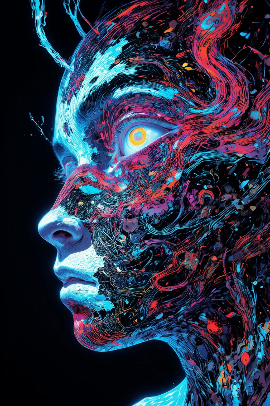 Cybernetic Eye Closeup, 「  I'm Electric Signals  」 , sensor、fine wiring,glowing lines and eyes like LEDs,Gloss and reflection,design that combines humans and machines,composition with cyberspace in the background,with blue and red neon colors as accents,bl...