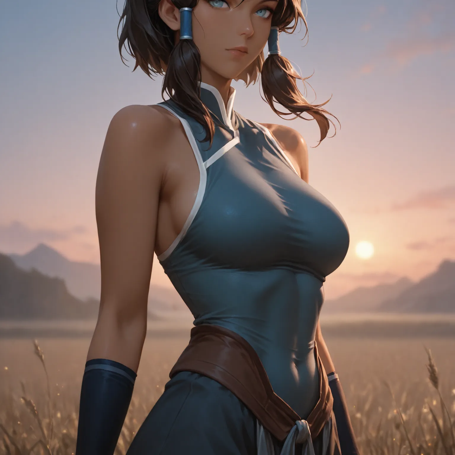 Stunningly attractive woman, Korra, High Resolution, Masterpiece, glistening, impeccable physical shape, different hairstyles, different clothing styles, Solo, 1girl, sexy outfit, open field, sunset