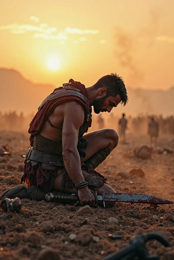 A lone Spartan warrior, clad in weathered armor, kneels on a battlefield strewn with remnants of a fierce battle. His muscular form is supported by a blood-stained sword, its tip embedded in the ground. The Spartan's head is bowed, his face obscured by sha...