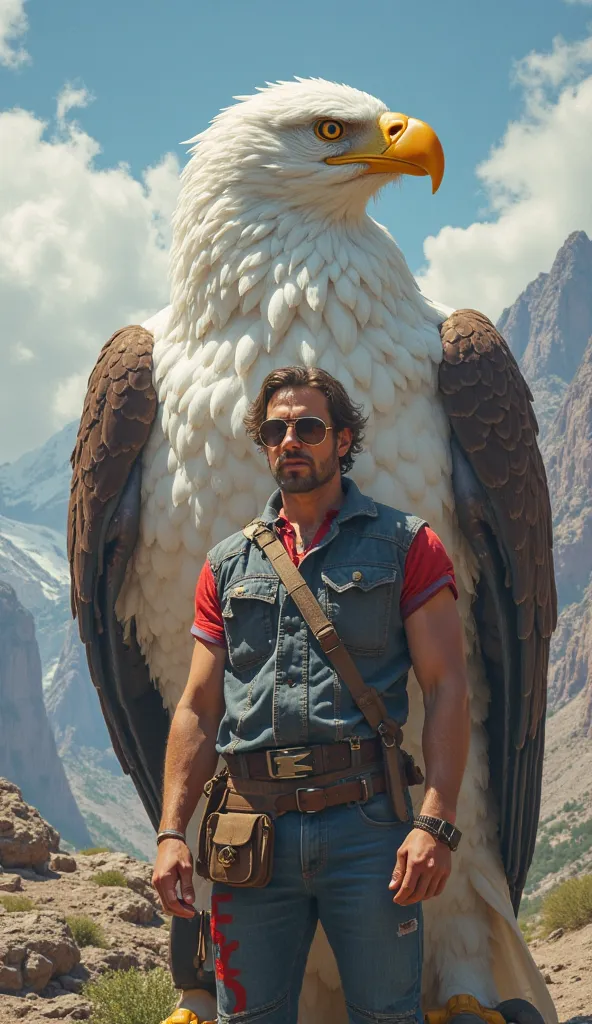 "An ultra-realistic image of an American man standing confidently next to a giant majestic white eagle. The man is dressed in modern American attire with subtle patriotic accents, exuding strength and determination. The giant white eagle boasts intricately...