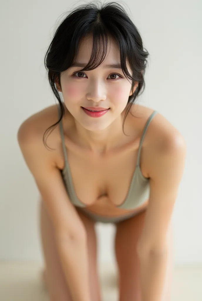 A photo-realistic image of a slender, small-breasted, short-haired Japanese girl in a string bikini leaning forward with her hands on the floor, smiling and looking at the camera.