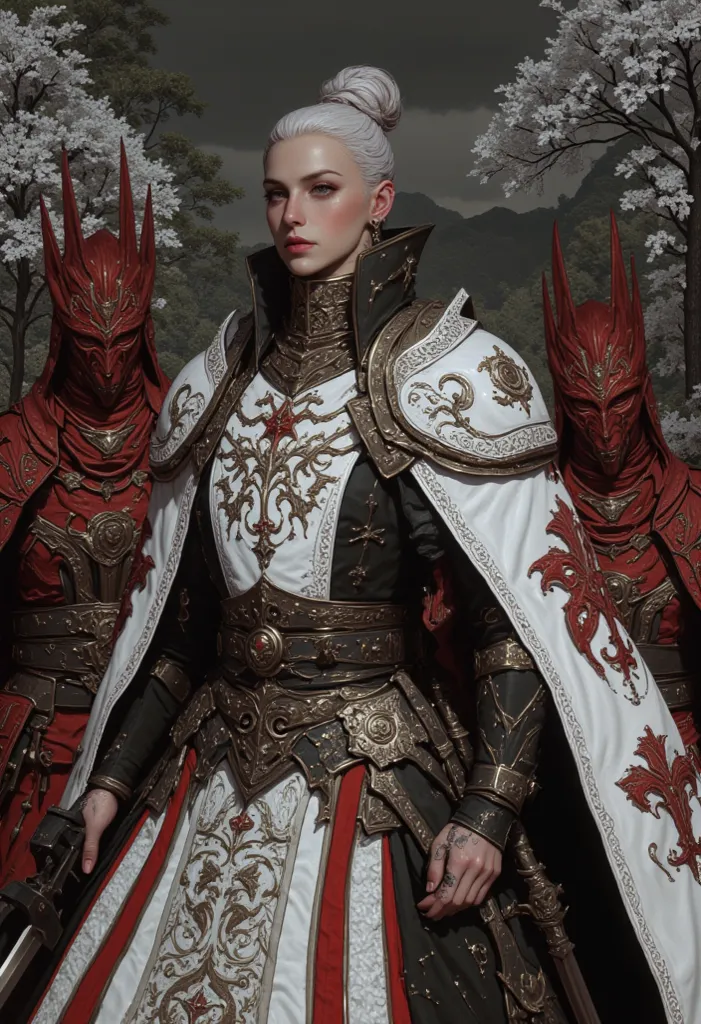 Woman in her forties, with white Japanese armor with black and red flowers,  He has white hair , Bundled Hair, He has tattoos on his hand, His right hand is bandaged, big breasts, has a black robotic jaw.

Behind the woman are 2 masked men, with demon mask...