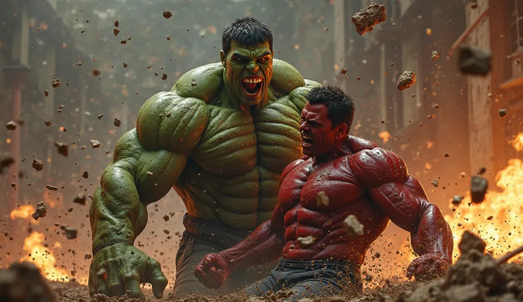 "An intense moment where Hulk lands a massive punch on Red Hulk’s chest, sending him flying backward into the ground. Cracks form around the impact area as dust and debris rise into the air. Red Hulk's face shows shock and pain, while Hulk’s expression is ...