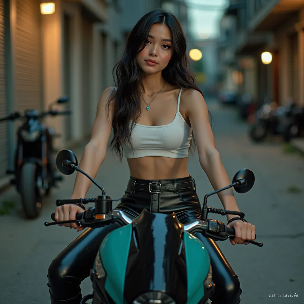 A photo-realistic shoot from a front camera angle about a young woman sitting on a motorcycle in an urban setting, wearing a white crop top and black leather pants. on the middle of the image, a 20-year-old woman with light skin and long black hair, who ap...