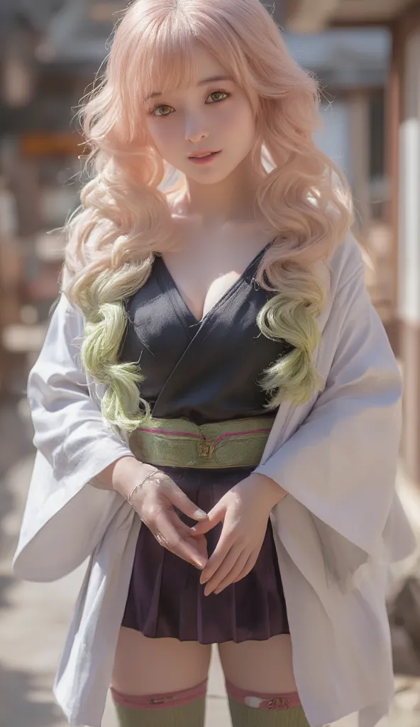 *"A highly detailed and realistic portrait of a 20-year-old Japanese woman dressed in a cosplay inspired by Kanroji Mitsuri from Demon Slayer. She has long, thick, wavy hair that transitions from soft pink at the roots to light green at the tips, styled in...