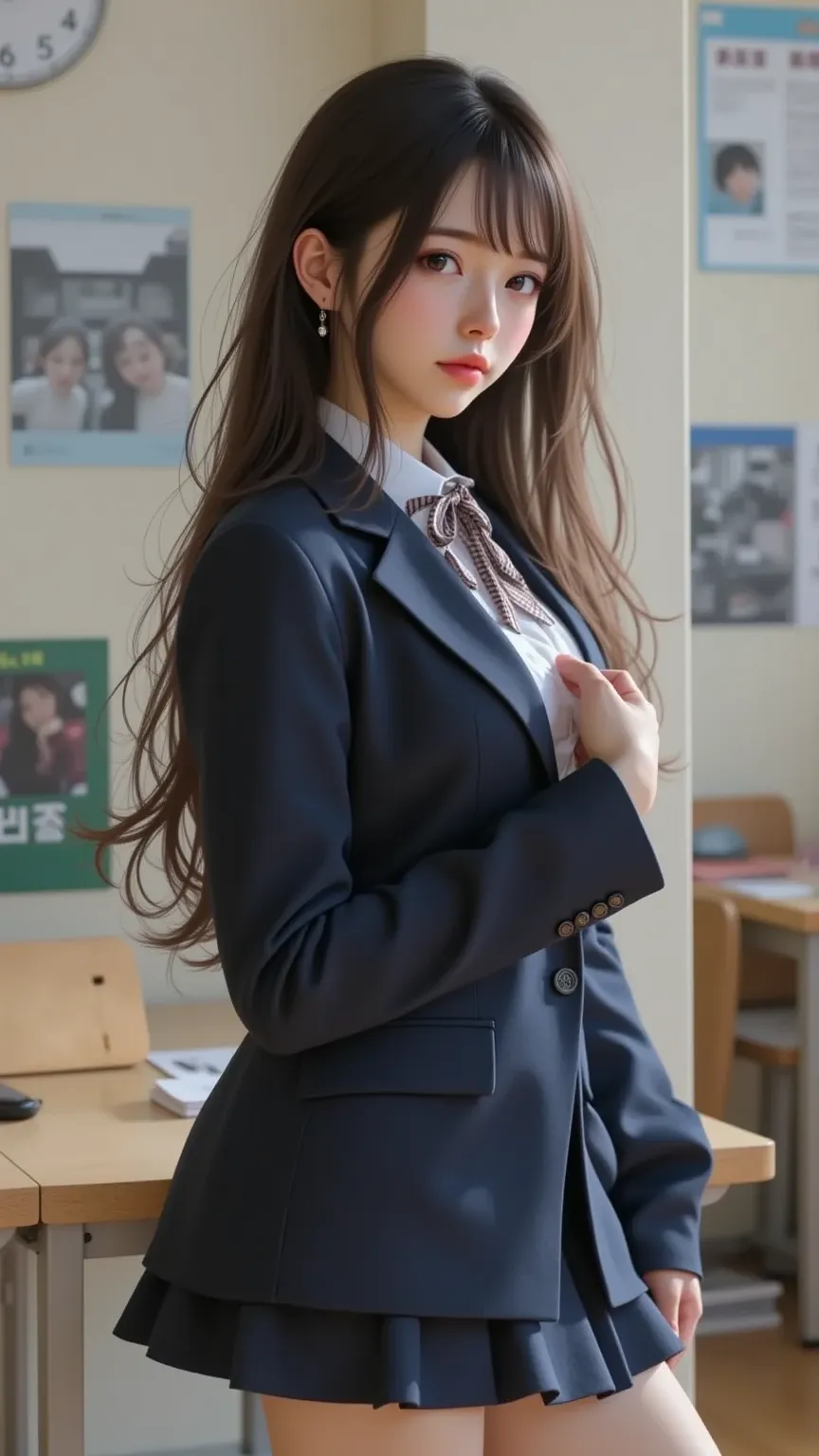 Japanese high school girl、back view、Sleek Shaggy Hair、provocative expression、 navy blue blazer、collar、white button shirt with check ribbon on collar、navy blue mini pleated skirt、dark blue high socks、Portrait、school classroom、cinematic lighting 