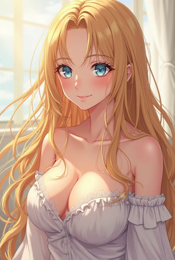 Generate a image of an anime girl
Long golden hair , soft smile ,blue eyes , big boobs

