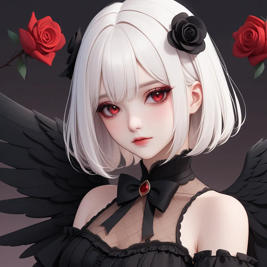 A young woman with short, bob-length, pure white hair, styled in a center part with no bangs. She has striking red eyes and a shy, embarrassed expression, with a subtle M-like demeanor. Her makeup is dark and melancholic, with deep, smoky eyeshadow and red...