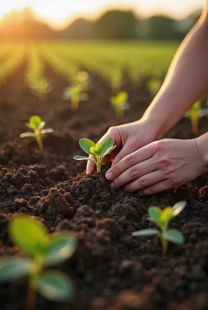 in the foreground, we see Taurus hands carefully burying a seed in fertile soil, dark and nutrient-rich. The contrast between skin and earth is impressive. Around you, small green plants sprout from the ground, representing patience and continuous growth. ...