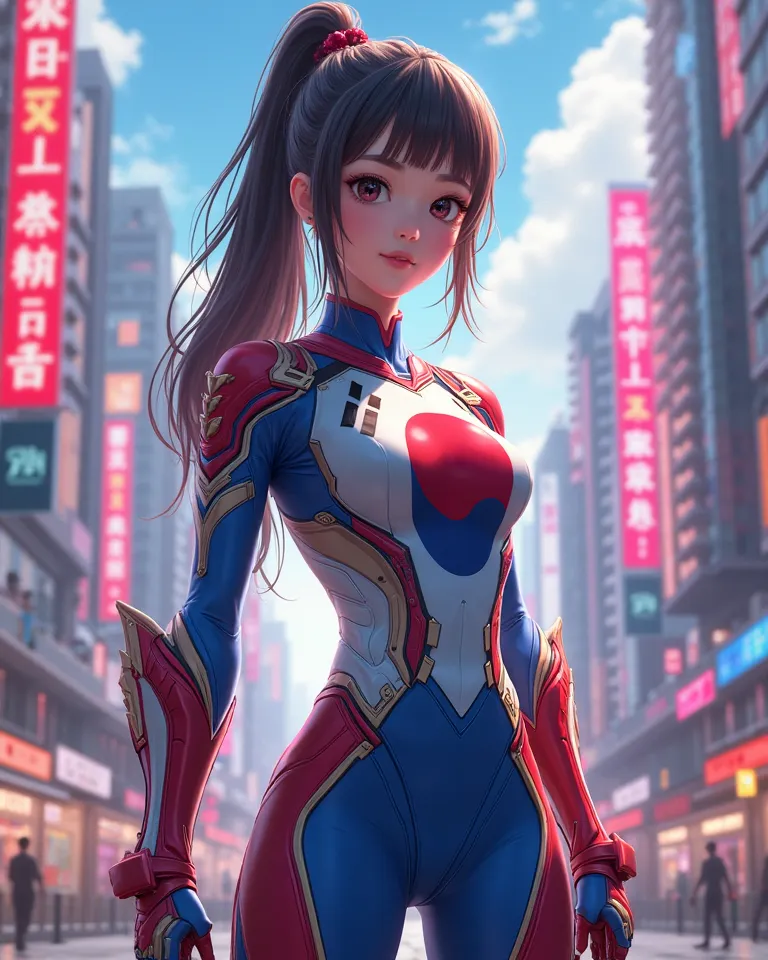 Superhero, girl,  Korea 국기,  Korea , Tight Bodysuit, anime, cute, pretty,  sexy, ,  Korea 국기가 들어간 Tight Bodysuit, cute girl, city, Nice body, girl