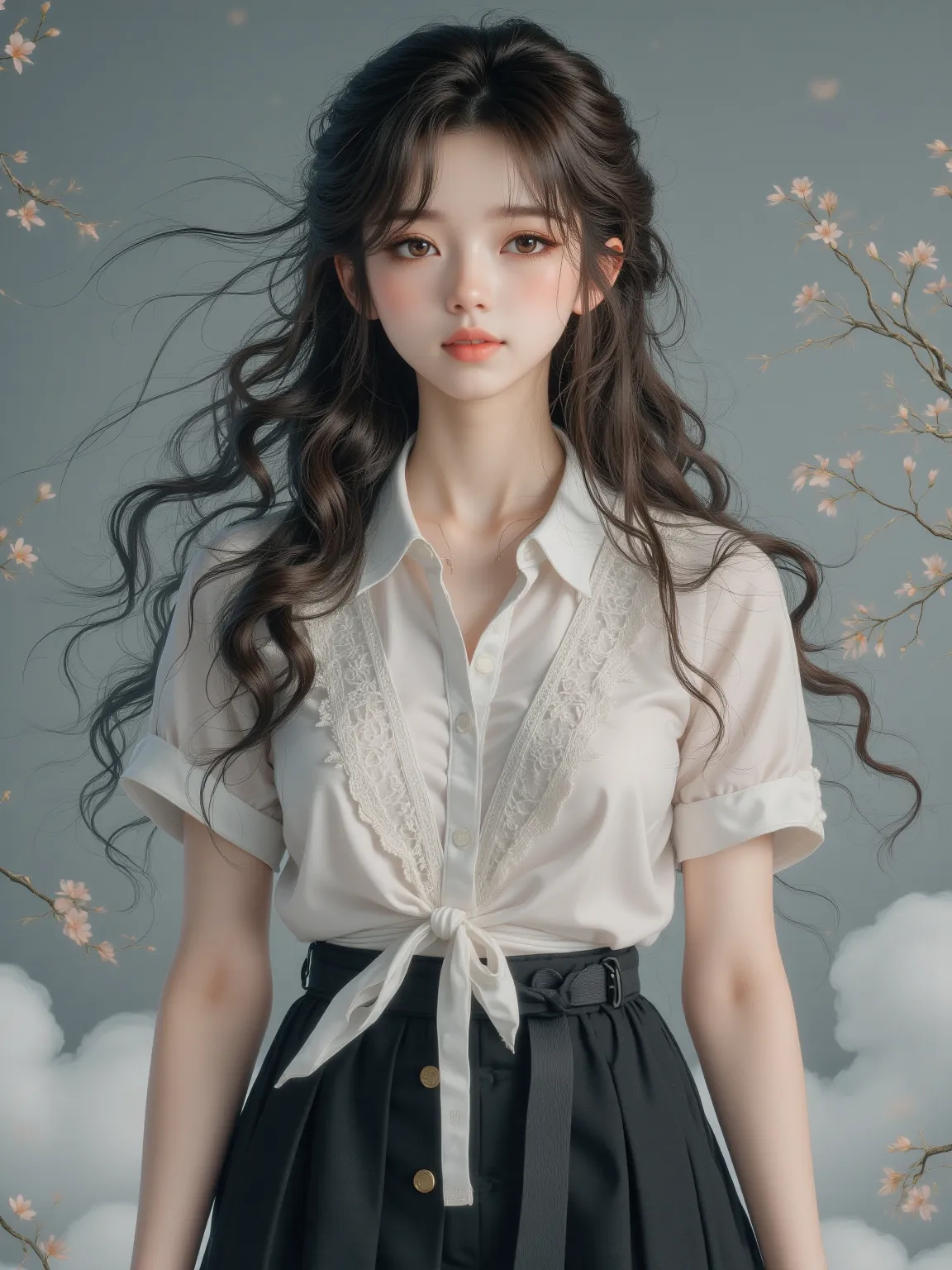 A young Korean high school girl in a stylish uniform, standing with a casual and confident pose. She wears a crisp white short-sleeved blouse with delicate lace details, a black pleated skirt, and a small ribbon tie. A student ID badge hangs from her waist...