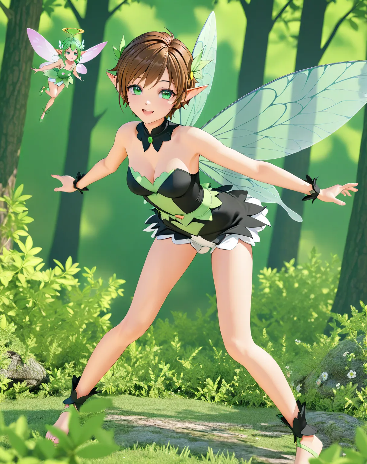 rendering of a 、 winged anime girl in green and black costume 、Green background, Pixie character, Fairy, forest Fairy, Girl using insects , brunette elf with Fairy wings, Pixie, cute 3d anime girl rendering , April Rendering, Fairy dance, opens legs