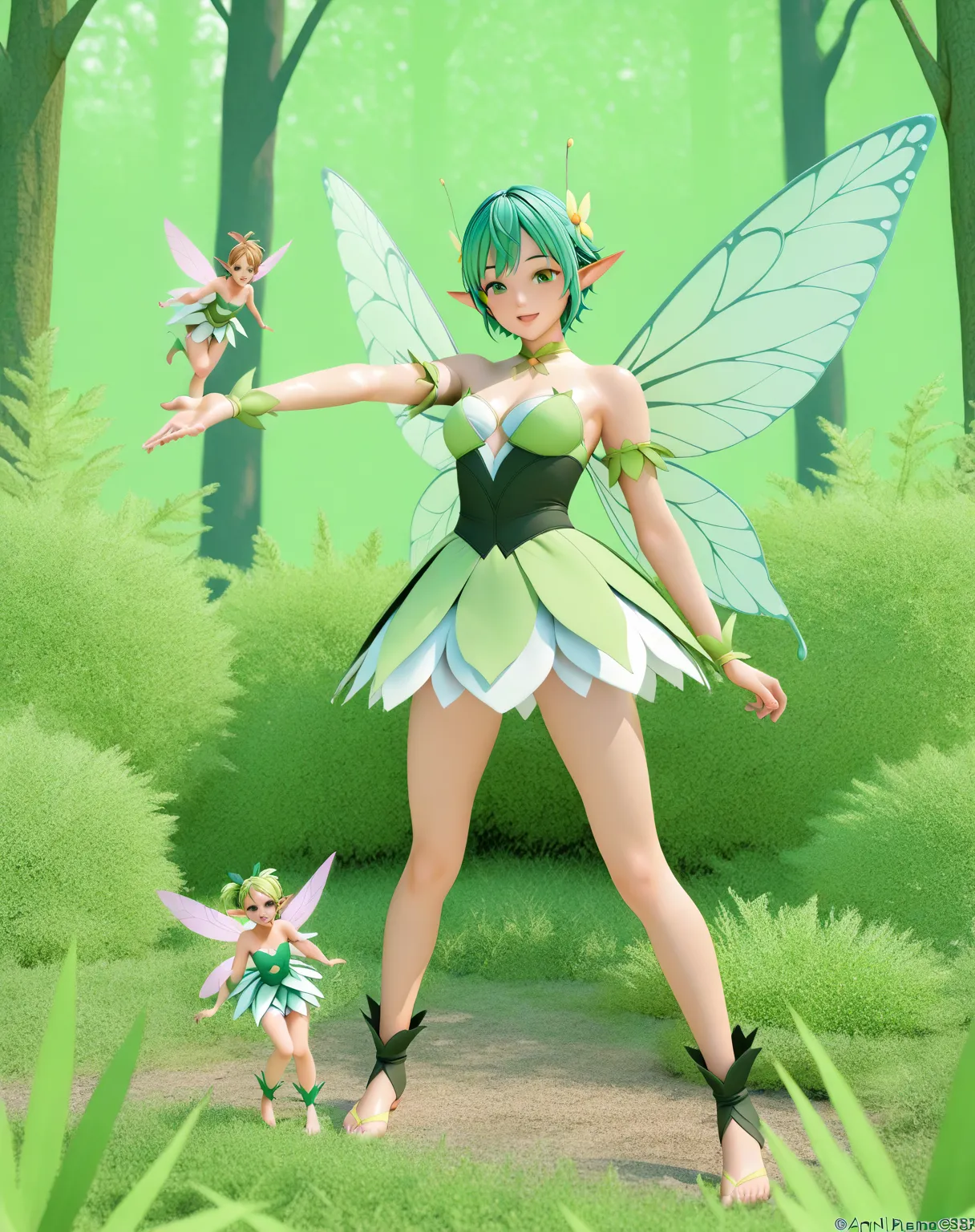 rendering of a 、 winged anime girl in green and black costume 、Green background, Pixie character, Fairy, forest Fairy, Girl using insects , brunette elf with Fairy wings, Pixie, cute 3d anime girl rendering , April Rendering, Fairy dance, opens legs