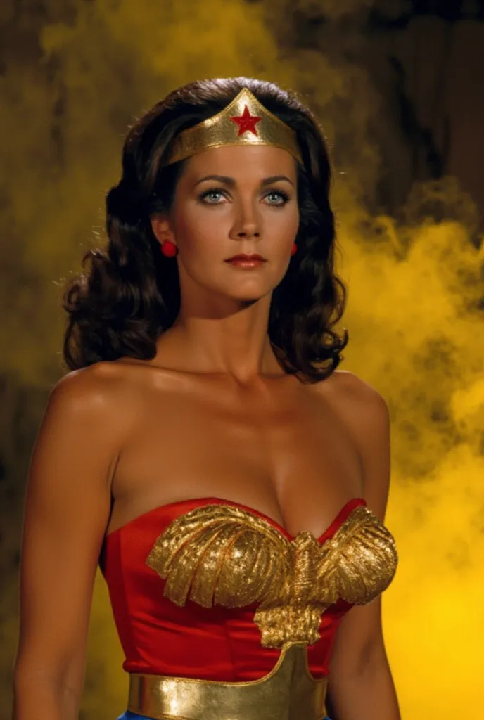 lynda carter as wonder woman in a cave with yellow smoke behid her close up