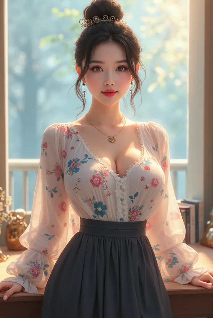 seen from the front
beautiful Korean woman,hair in a bun neatly,perfect make up,smiled faintly and red lips,wearing a round earrings and small necklace,chubby body,extreme big breasts like big balloons,slim waist and large hips,wearing soft light pink blue...