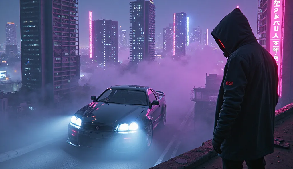 An aerial view of the futuristic skyline at night, with skyscrapers lit up in purple and blue neon. The JDM car appears on a street below, its white headlights cutting through the fog. The hooded figure stands on a nearby rooftop, red eyes glowing, watchin...