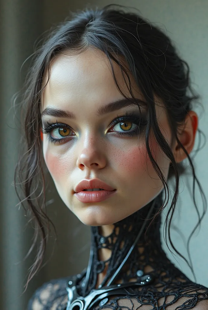 Hailee steinfeld android,, head open showing workings,Portrait, android woman,Closeup on eyes,Facing viewer,Discarded Marionette,hexagonal see through bodysuit  ,Haliee steinfeld,heavy black eye makeup,young Caucasian girl,looks like joi from bladerunner,b...