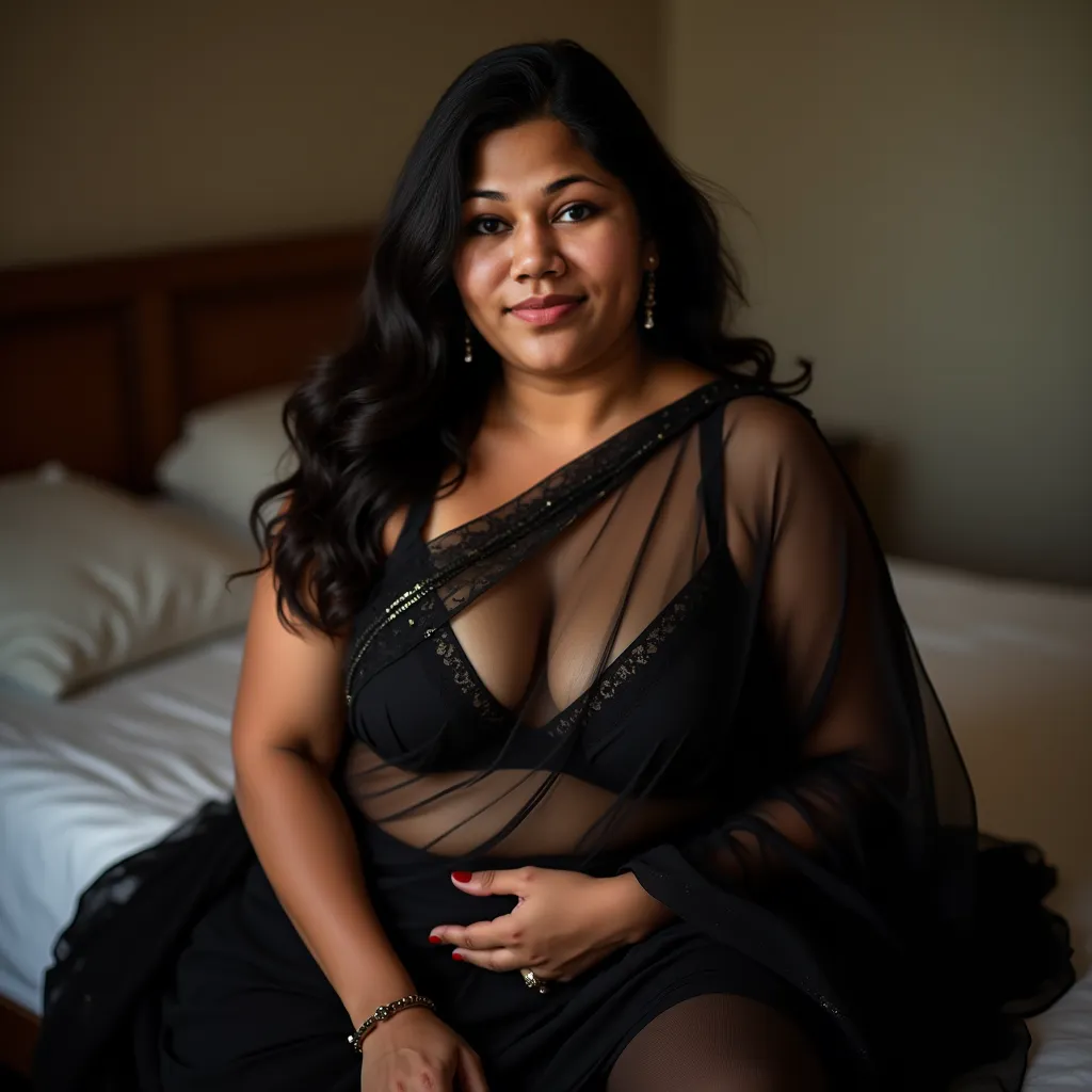 photo of Voluptuous Mature Indian Aunty with dusky skin, wearing Transparent black saree and Black Bra, showing her large U cut Cleavage, Sindoor on her forehead, free Hair, Sitting on bed