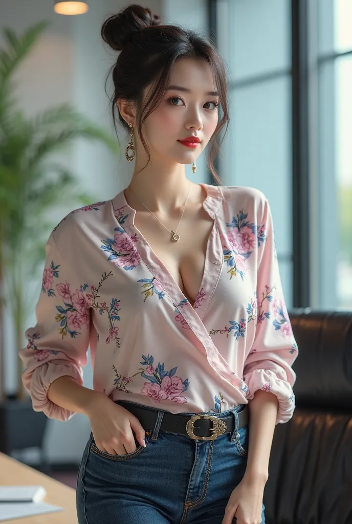 seen from the front
beautiful Asian woman,hair in a bun neatly,perfect make up,smiled faintly and red lips,wearing a round earrings and small necklace,big  body,extreme big breasts like big balloons,slim waist and large hips,wearing soft light pink blue fl...