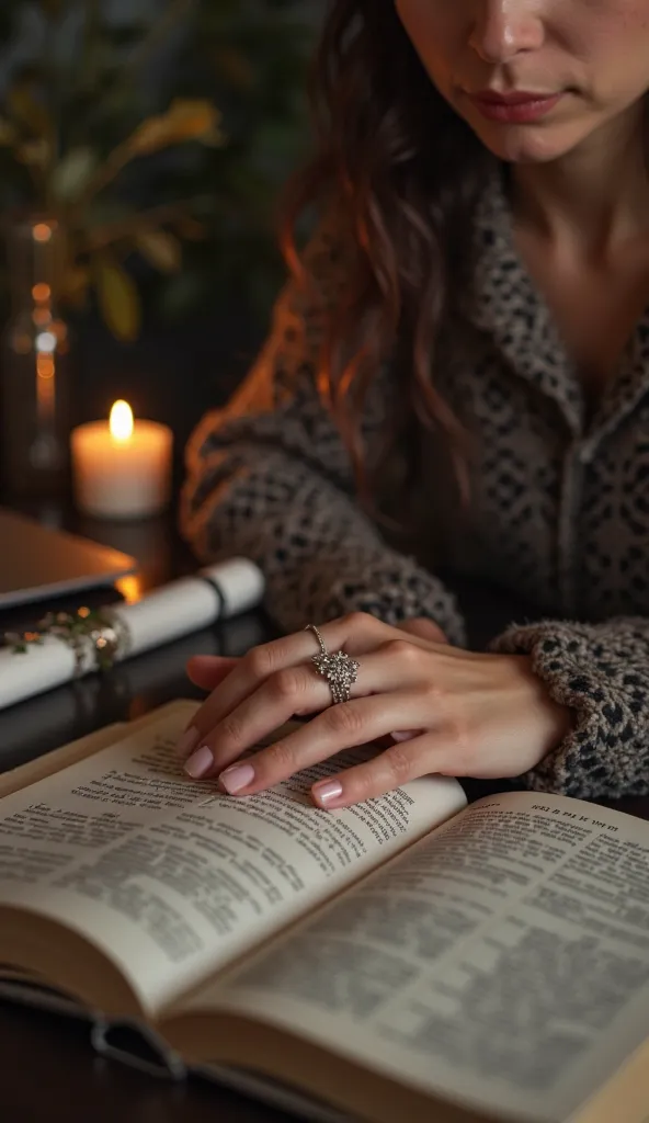 Woman hand, ring at her finger, resting her arm on a book, background table with diploma, candle, laptop, 