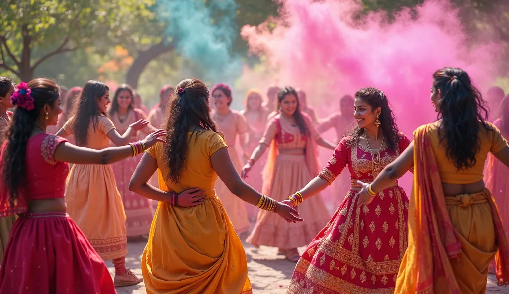 A group of men and women in colorful traditional attire dancing in a circle, celebrating Holi with dhol (drum) beats. Their hands are covered in colors as they throw powders into the air while spinning in rhythm.