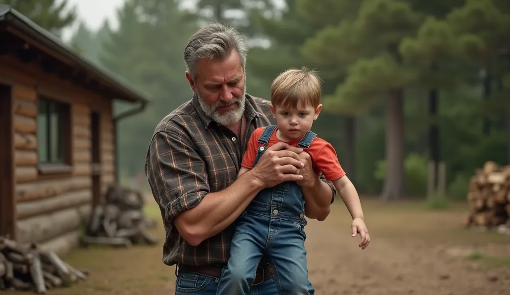 • Camera Shot Type: Medium shot
• Character Details:
 - A rugged rancher: A broad‑shouldered man in his early 50s with salt-and-pepper hair and weather-beaten skin, wearing a plaid shirt and denim jeans, his face marked with urgent concern.
 - A curious to...