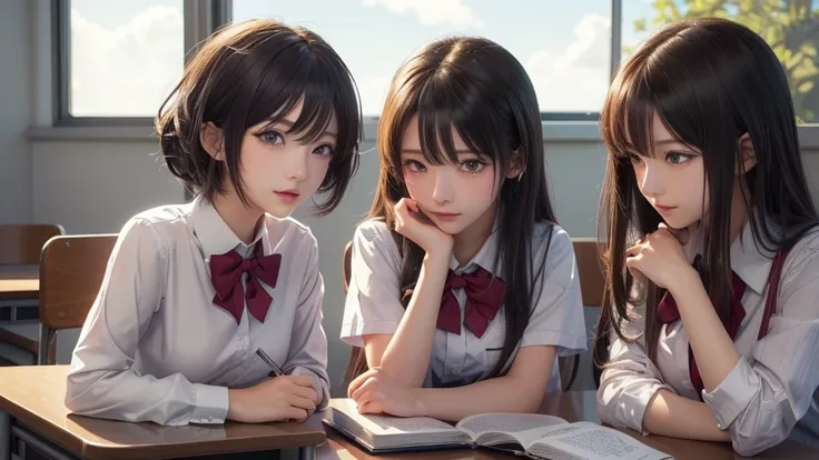 three girls in japan school uniforms sitting at a desk with a book, smooth anime cg art, anime girls, realistic anime artstyle, beautiful anime high school girl, anime style 4 k, anime realism style, realistic anime 3 d style, realistic anime art style, 4k...