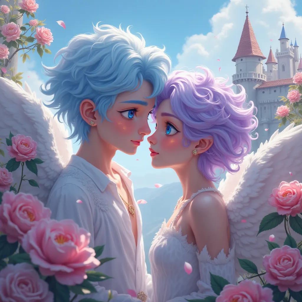 boys
Eyes light blue
Light blue and white hair
cherub

girls
Light purple eyes
Light purple and white hair
cherub

background castle and rose