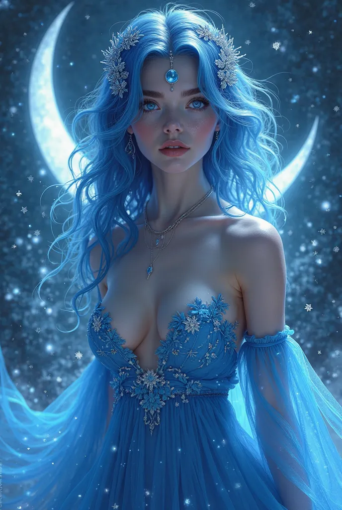 a woman with wavy blue hair , light blue eyes ,  in a blue dress , silver accessories on her head and body , with a blue and silver aura with the moon behind