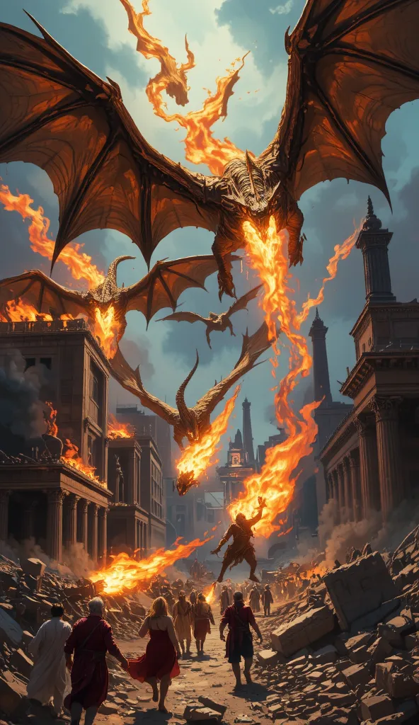 Flying wyverns are attacking the city, breaths of flame radiating from their mouths are burning the city, fleeing people, collapsed buildings, rubble, ancient Greek city, sense of apocalypse.

Highest quality, ultimate high quality, fine modeling, detailed...