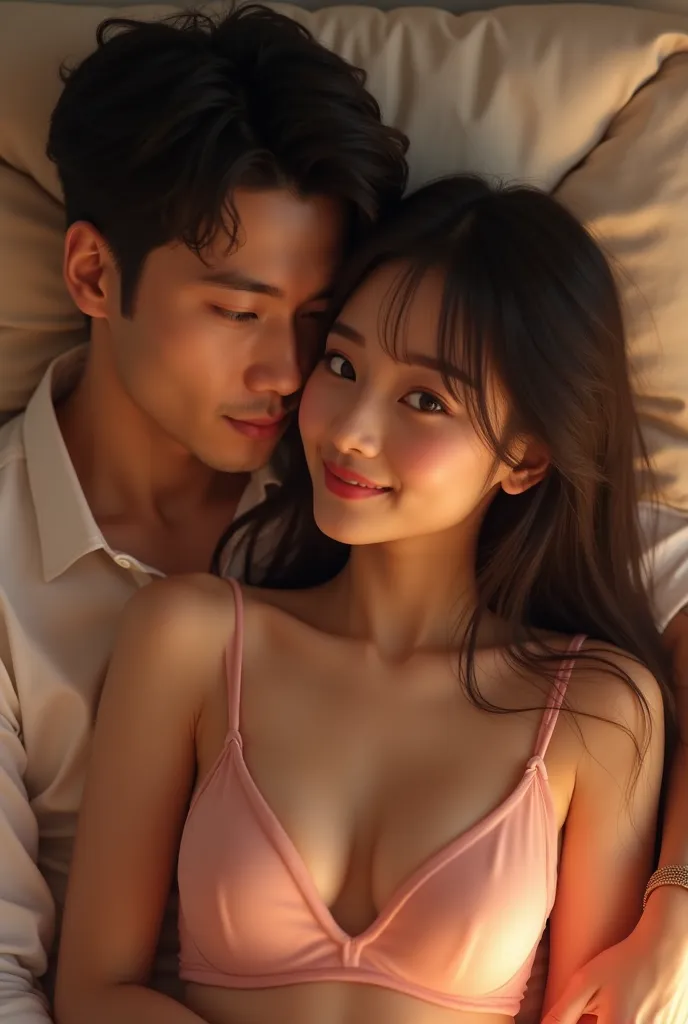 sexy Asian southeast, 19 year old girl, skin white, big breast, flat chest, cute girl,long hair with bangs , pink pastel bra,  , hugging 25 year old man , his hand on her chest and intimate hugs at her,, she looks at camera happy at home