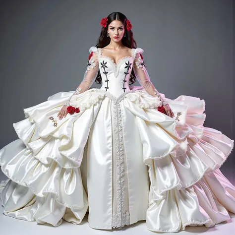A white silk and satin mermaid style full-length gown with a fitted bodice and a super oversized extra long flared skirt that has giant raised up ruffles at the bottom. This ridiculously tall and oversized gown requires super high platform shoes that will...