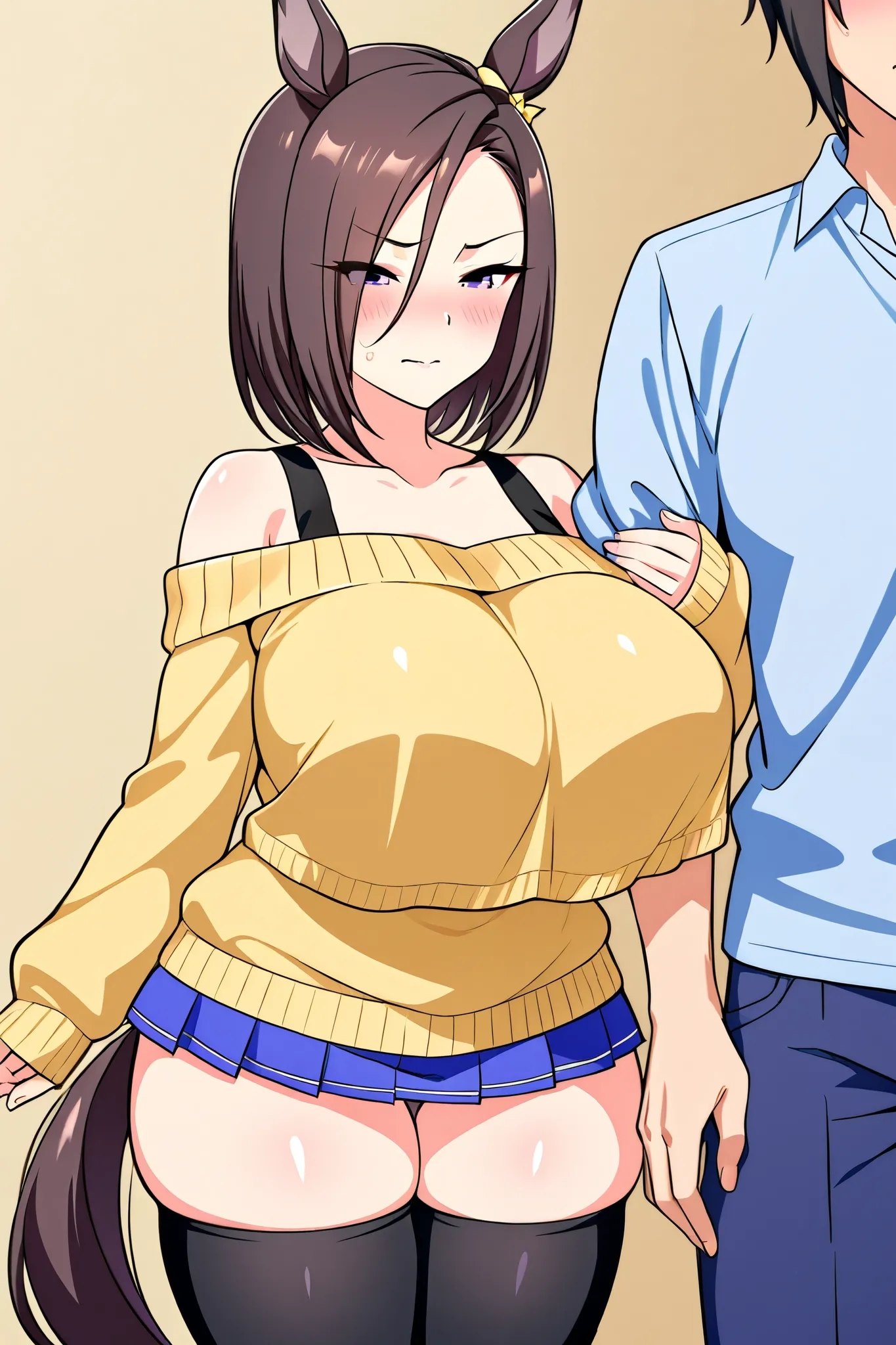 Uma Musume　Pretty Derby　Air Groove、huge breasts,、shirt overhang,off-shoulder sweater,lowleg skirt,sleeves past wrists、Uma Musume　Pretty Derby　Air Groove nsfw、narrowed eyes、embarrassed,arm hug、thighhighs、thighhighs pul、