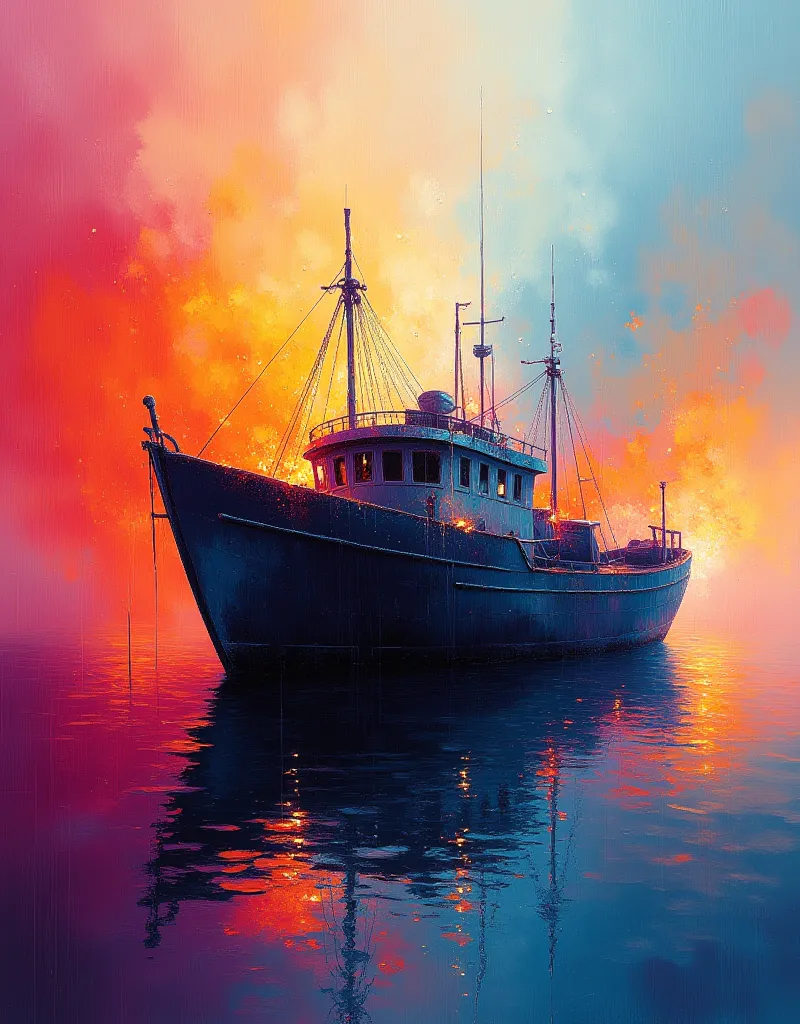 ethereal and surreal solarized photography of a old fishing boat, in the style of Josh Adamski, minimalism, fantasy, abstract, vibrant and moody color palettes, featuring both warm and cool tones, smooth gradients, abstract landscape with dynamic lines and...