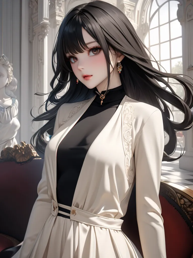 1 women, flawless sexy face, elegant posture, best quality, 8K, ult, photorealistic, hyper detailed, volumetric lighting, high contrast, elegant, serene, ornate baroque interior, natural light, lush velvet fabric, intricate jewelry, porcelain skin, piercin...