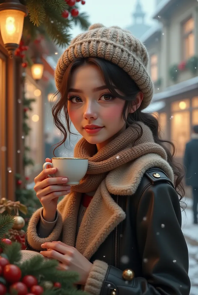 A beautiful German women, with Woolen hat, winter jacket, standing in a shopping street and drinking a cup of coffee