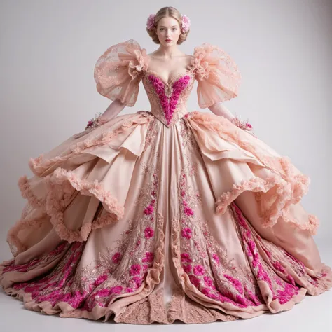 A very light pink silk and satin mermaid style full-length gown with a fitted bodice and a super oversized flared skirt that has giant raised up ruffles at the bottom. This ridiculously tall and oversized gown requires super high platform shoes that will ...