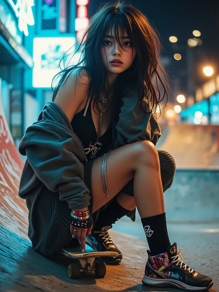 A beautiful young woman in an urban skateboard park. Wearing a combination of energetic street fashion and modern style. She wears an oversized cloak, , a loose-fitting hoodie that hangs on one shoulder, reveals a thin t-shirt. . The hoodie features striki...