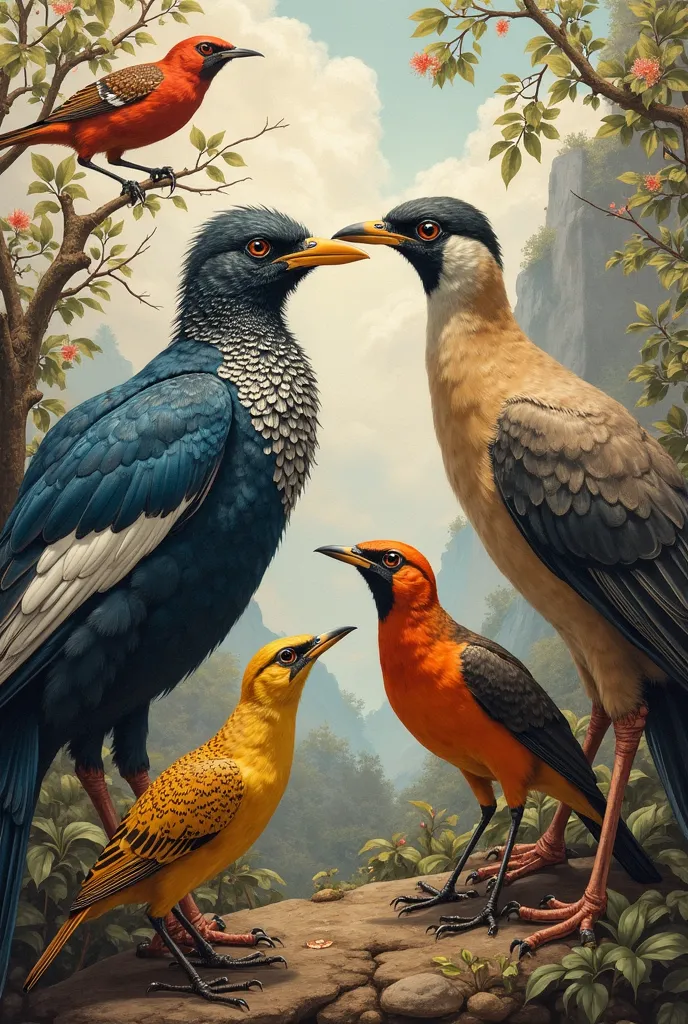 Birds of time painting show the contrast of old birds and new generation of birds make it interesting and colorful add different species of birds 