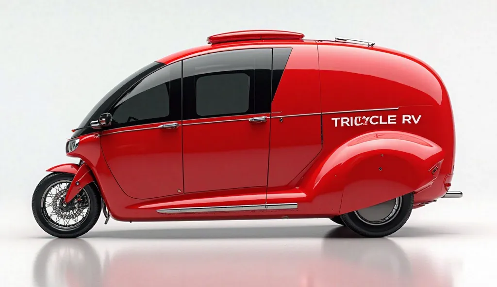 "A futuristic red tricycle camper van with a sleek, aerodynamic design. The vehicle has a motorcycle-style front with a classic round headlight, wire-spoke wheels, and a robust front fork. The cabin is compact yet stylish, featuring a curved roof with a lu...